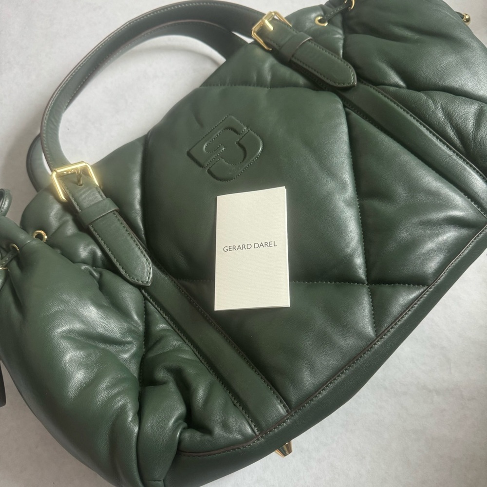New GERARD DAREL  Le 24H Quilted Leather Shoulder Bag Dark Green Leather - Picture 10 of 12